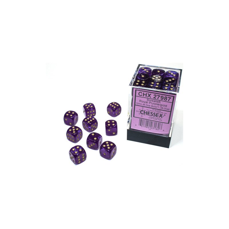 [601982031626,CHX27987] Chessex: Borealis Royal Purple/gold Luminary 12mm d6 Dice Block (36 dice)