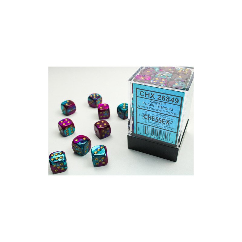[601982023706,CHX26849] Chessex: Gemini Purple-Teal/gold 12mm d6 Dice Block (36 dice)