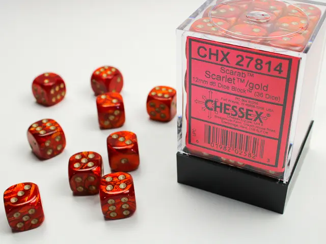 [601982025823,CHX27814] Chessex: Scarab Scarlet/gold 12mm d6 Dice Block (36 dice)