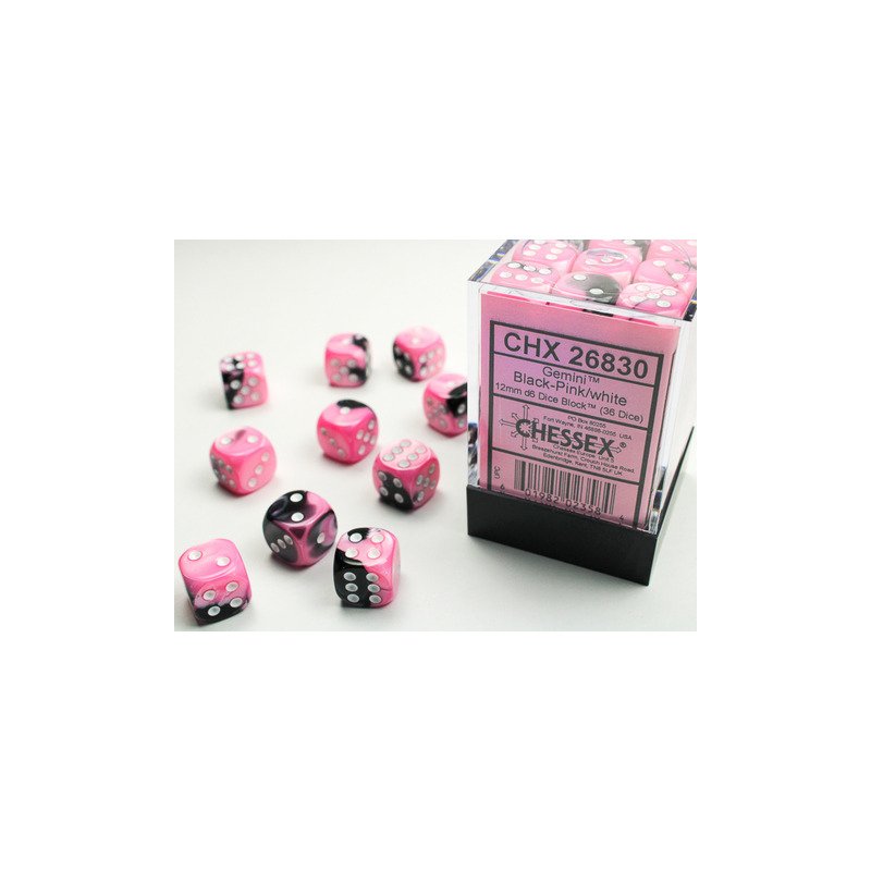 [601982023584,CHX26830] Chessex: Gemini Black-Pink/white 12mm d6 Dice Block (36 dice)