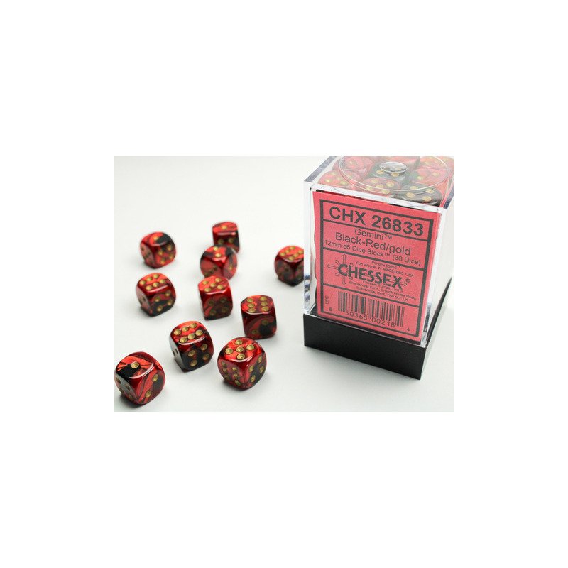 [850365002184,CHX26833] Chessex: Gemini Black-Red/gold 12mm d6 Dice Block (36 dice)
