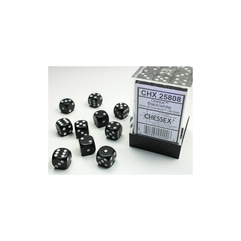[601982022006,CHX25808] Chessex: Opaque Black/white 12mm d6 Dice Block (36 dice)