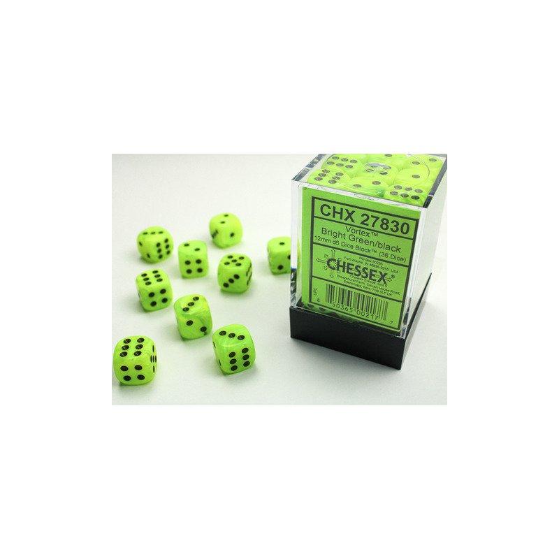 [850365002177,CHX27830] Chessex: Vortex Bright Green/black 12mm d6 Dice Block (36 dice)