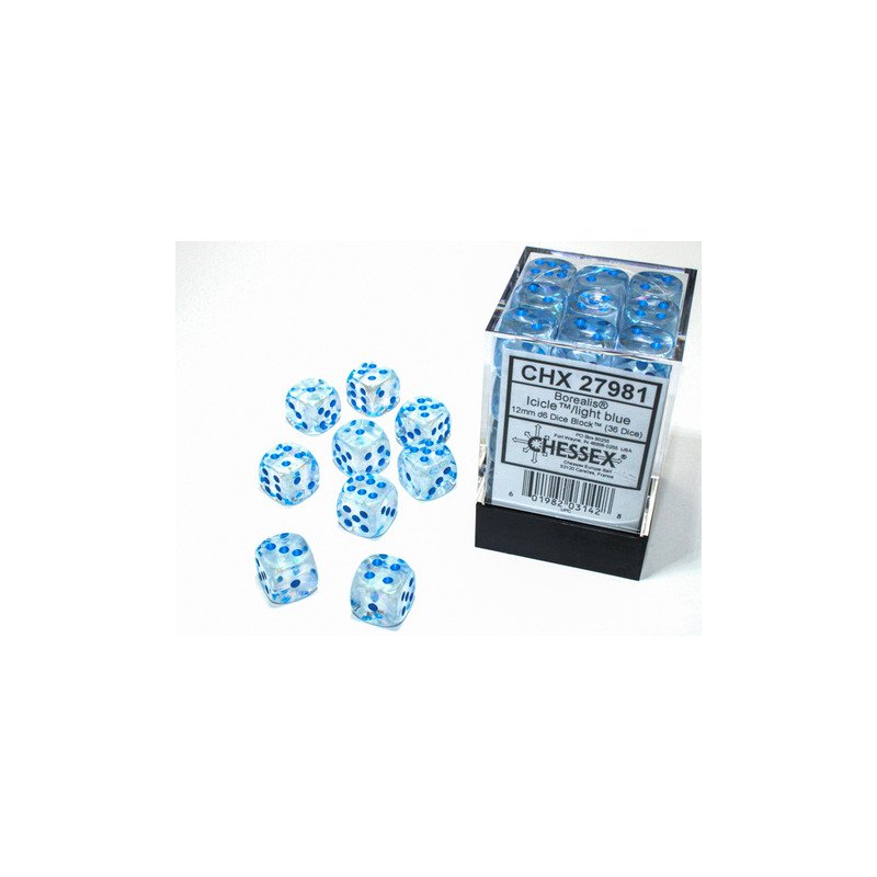 [601982031428,CHX27981] Chessex: Borealis Icicle/light blue Luminary 12mm d6 Dice Block (36 dice)