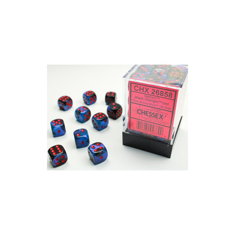 [601982023799,CHX26858] Chessex: Gemini Black-Starlight/red 12mm d6 Dice Block (36 dice)