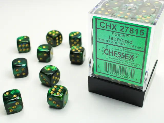 [601982025830,CHX27815] Chessex: Scarab Jade/gold 12mm d6 Dice Block (36 dice)