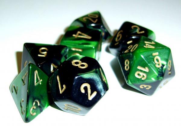 [CHX26839,601982023652,dice,dés,gemini,chessex] Gemini Black-Green/Gold 12mm d6 Dice Block (36 dice)