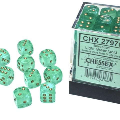 [CHX27975,601982031664,chessex,dice,dés] Borealis Light Green/Gold Luminary 12mm d6 Dice Block (36 dice)