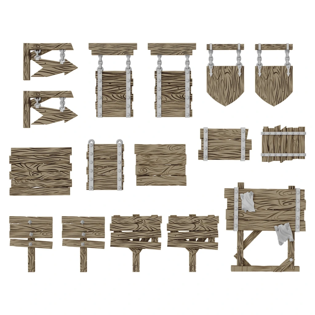 [8435646522296,12729,8435646522296ES,3D Printed - Dungeons & Fantasy - Wood Signs 1:48-1:35] Panneaux en bois 1:48-1:35
