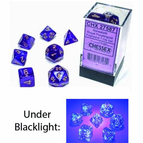 [601982031602,CHX27587,Chessex: Borealis Royal Purple/Gold Luminary Polyhedral 7-Dice Set] Borealis Royal Purple/Gold Luminary Polyhedral 7-Dice Set